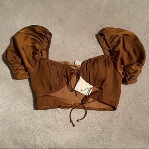 Angel Biba brown puff sleeve tie crop top